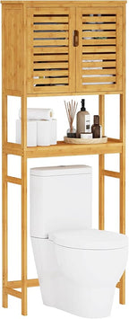 VIAGDO Over The Toilet Storage Cabinet, Tall Bathroom Cabinet Organizer with Cupboard and Adjustable Shelves, Freestanding Toilet Shelf Space Saver Rack Stand for Laundry Room, Balcony, Bamboo - Image 3
