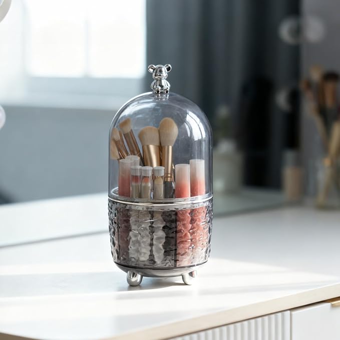 Dezzer Makeup Brush Holder with Lid, 360 Rotating Make Up Organizers with 6 Dividers, Dustproof Make up Brush Pencil Holder for Desk Vanity Bathroom Countertop Office, Gray - Image 6