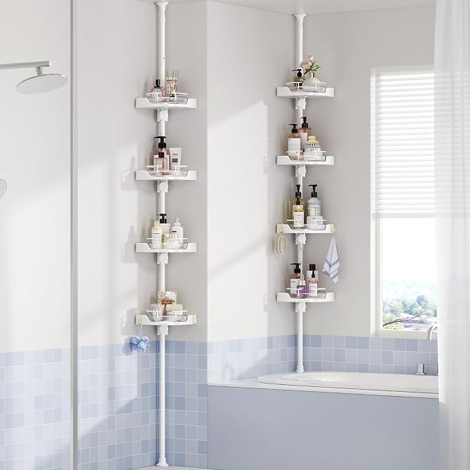akinbas 360° Rotating Shower Caddy Tension Pole with 4-Tier Rustproof Lazy Susan 35-128 Inch No Drilling Coner Shelves Adjustable Shower Rack for Bathroom Bathtub Washbasin Plant Storage (White) - Image 2
