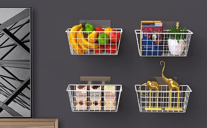MaraFansie Wall Wire Baskets Adhesive Basket Hanging Kitchen Baskets No Drilling for Cabinet & Pantry Organization and Kitchen, Bathroom, Bedroom Storage, 4 Pack, White - Image 8