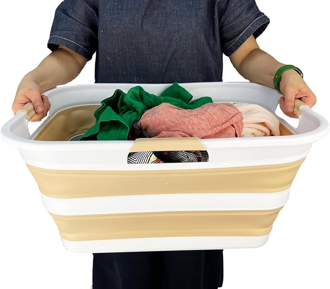 SAMMART 42 (11 Gallons) Collapsible Plastic Laundry Basket, Foldable Pop Up Storage Container/Organizer, Space Saving Hamper, Portable Bin for Dorm Room Bathroom (2, White/Beige) - Image 7