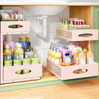Under Sink Organizer, 2-Pack Pull Out Cabinet Organizer 2 Tier Metal Slide Out Storage Shelf Rack, L-Shaped Adjustable Height,Mesh Sliding Drawer for Kitchen, Bathroom, Laundry, Pantry, Pink, XL by Kitstorack