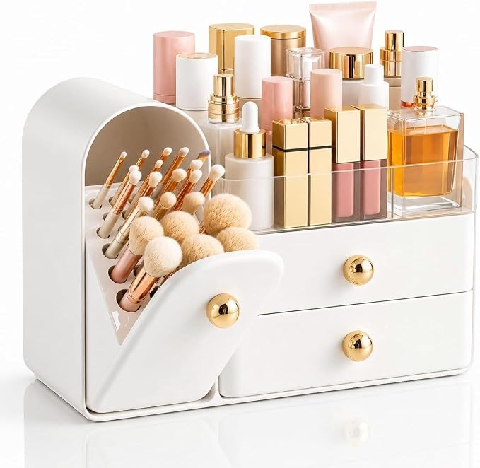 HBlife Makeup Organizer Countertop with Drawers, Vanity Organizers with Brush Holder, Bathroom Counter Organizer for Perfume, Nail Polishes, Lipsticks, Skincare and Eyeshadow Palettes, White and Gold by HBlife