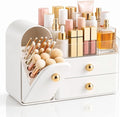 HBlife Makeup Organizer Countertop with Drawers, Vanity Organizers with Brush Holder, Bathroom Counter Organizer for Perfume, Nail Polishes, Lipsticks, Skincare and Eyeshadow Palettes, White and Gold by HBlife