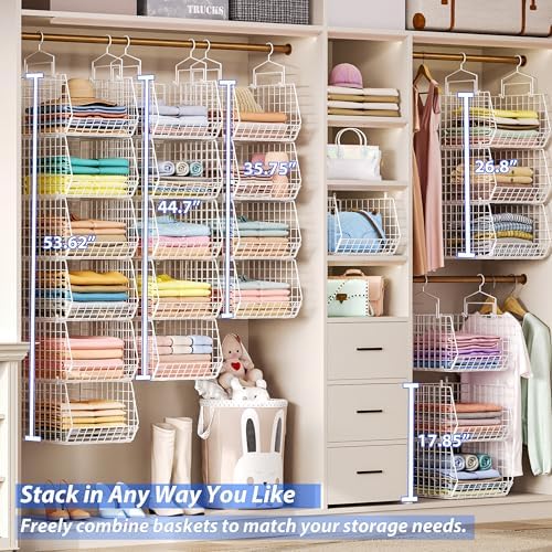 6 Tier Extended Depth Hanging Closet Organizer, Closet Storage Hanging Shelves with Hanging Hooks for Clothes Sweaters Towels Handbags, Stackable Metal Mesh Bins For Closet, Laundry, Bathroom, Dorm - Image 6