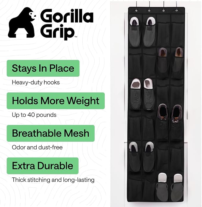 GORILLA GRIP Over the Door Shoe Organizer, 24 Large Pockets, Black | Breathable Mesh Pocket, Space Saving Hanging Storage Holder, Closet Rack Hanger for Shoes, Pantry and Bathroom Accessories - Image 2