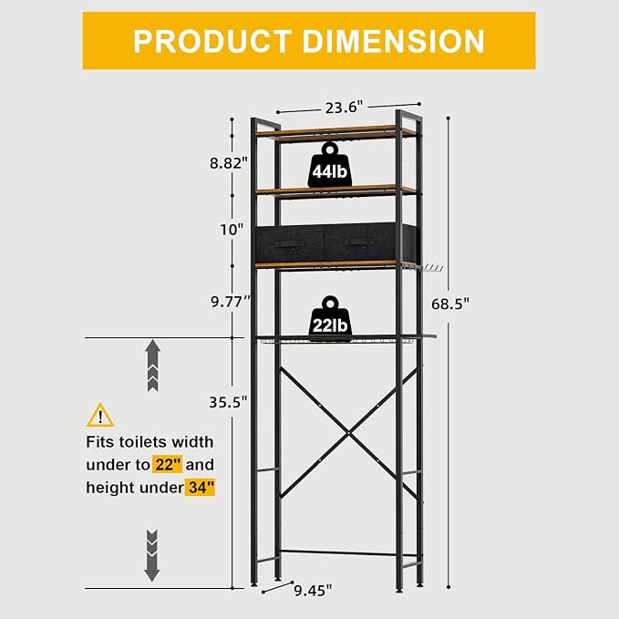 Over The Toilet Storage with Adjustable Wooden Shelves and 2 Fabric Drawers, 4-Tier Over Toilet Bathroom Organizer, Small Freestanding Storage Shelf for Toilet Paper, Towels, Toiletries - Image 2