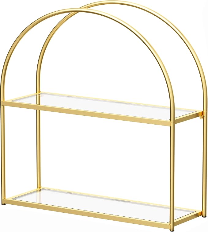 Crofy 2-Tier Arched Wall Shelf with Gold Frame & Transparent Shelves by CrofyLLC