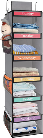 Fixwal Weekly Kids Clothes Organizer 6-Shelf Hanging Closet Storage Grey | Nonwoven Fabric, 6 Daily Shelves, 6 Mesh Side Pockets, 2 Metal Hooks, Foldable Design, for Kids Outfits and Accessories by Fixwal