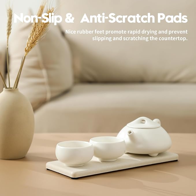 2PCS Beige Bathroom Sink Vanity Trays, Water Absorbing Diatomite Stone Drying Soap Dish Dispenser for Kitchen Counter, Sponge Holder Mat Rack Faucet Splash Guard Caddy Organizer, 9"x3.5" - Image 6