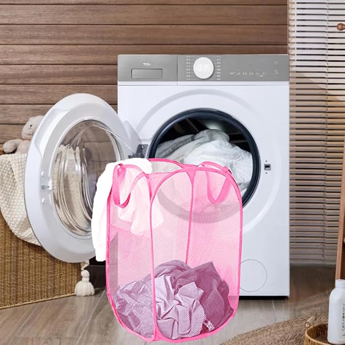 Pop Up Laundry Hamper Reinforced Collapsible Laundry Basket Foldable Clothes Hamper for Home, Dorm Room, Travel, Cruise, Pink - Image 4