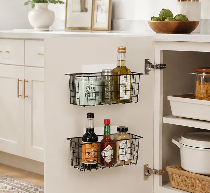 MaraFansie Hanging Kitchen Baskets, 2 Pack Wire Storage Basket Over Cabinet Door Organizer with Adhesive Hooks, No Drilling Pantry & Cabinet Organization for Kitchen Bathroom, Extra 2 Hooks, Black - Image 5
