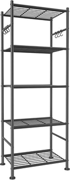 Sakugi 5-Tier Storage Rack Organizer with Hooks, Heavy Duty Metal Garage Rack with Leveling Feet, Freestanding Utility Rack for Bedroom, Balcony and Garage, 18.1"×12.4"×56.8", Black by Sakugi