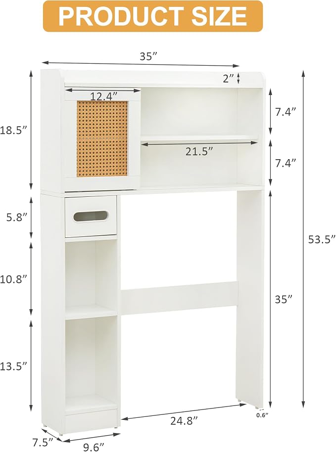 6Tier Over The Toilet Storage Cabinet, Freestanding Above Toilet Space Saver Rack w/Adjustable Shelves, Sliding Door, Multifunctional Over Toilet Organizer for Bathroom (White) - Image 2