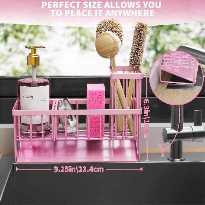 Cisily Pink Kitchen Sink Caddy Organzier with High Brush Holder, Sponge Holder for Sink, 304 Rustproof Stainless, Kitchen Countertop Soap Dispenser Organizer - Image 4