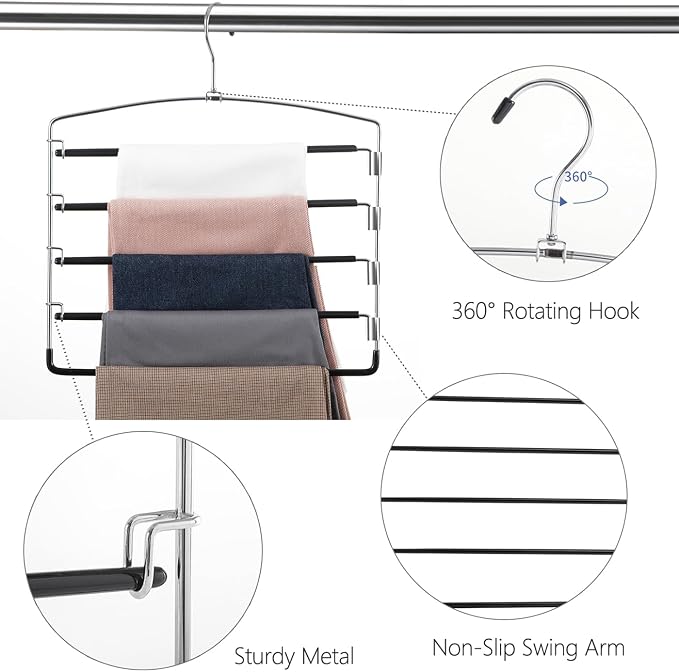 FeeraHozer Pants Hangers Non Slip 3 Pack Space Saving Hangers Multi-Layer Swing Arm Pants Hanger Stainless Steel Space Saver Hanger Closet Storage Organizer for Jeans Trouser Slacks Clothes (Black) - Image 4