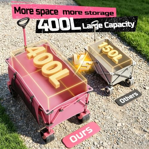 400L Folding Wagon Cart with Brakes & Removable Table, 580lbs Heavy Duty Collapsible Wagon, Big All-Terrain Wheels for Camping, Sports, Grocery, Outdoor - Pink - Image 3