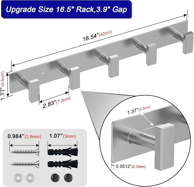 Bntuk Coat Rack Wall Mount - 5 Hat and Coat Hooks, Heavy Duty Towel Racks for Bathroom Entryway, Wall Hooks for Hanging Robes Bags Scarves Belts, Hat Rack Key Hanger Organizer (Silver) - Image 3