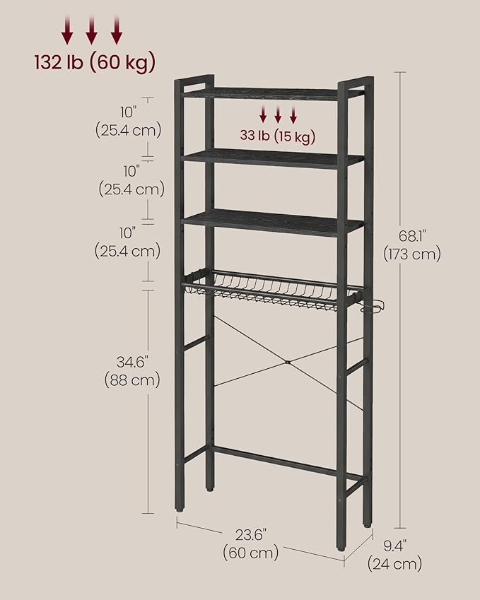 VASAGLE 4-Tier Over the Toilet Storage, Adjustable Shelves, Basket, 68.1''H - Image 2