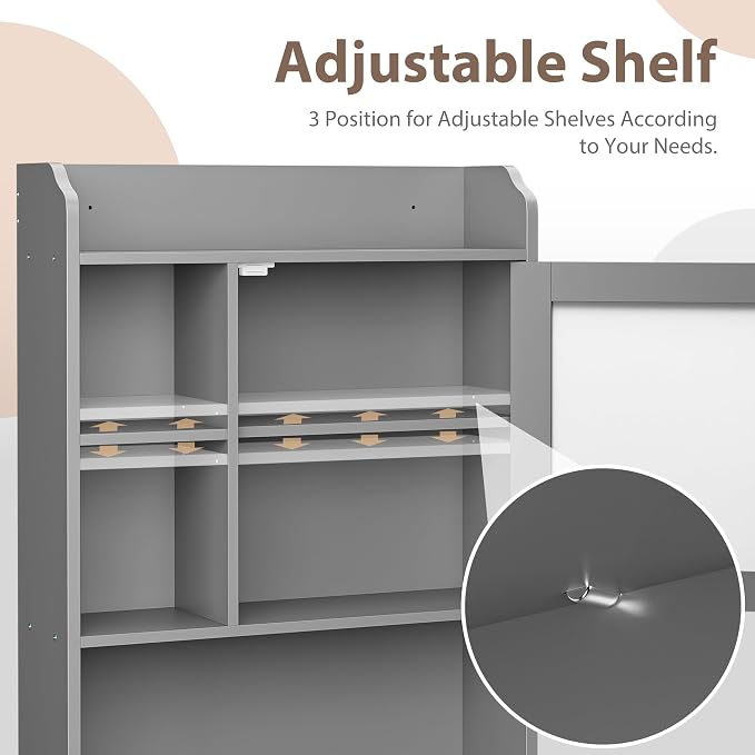 SUPER DEAL Over The Toilet Bathroom Storage Cabinet Freestanding Wooden Bathroom Organizer with Adjustable Shelves and Glass Door, Gray - Image 5