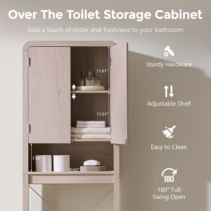 Over the Toilet Storage Cabinet, 69.69" Curved Bathroom Storage Organizer Cabinet with Doors and Adjustable Shelves, Wooden Free Standing Toilet Space Saver Rack, Cream - Image 4