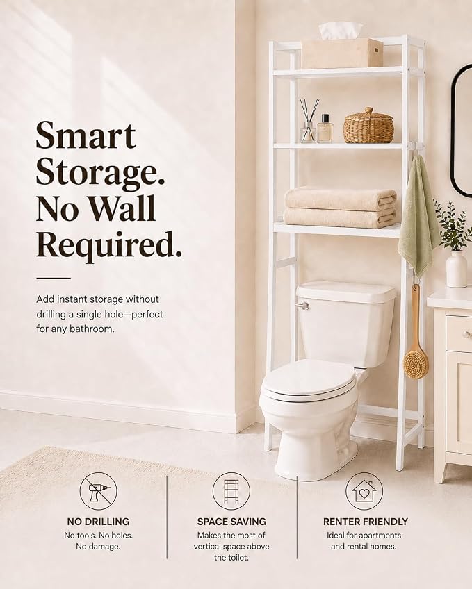Over The Toilet Storage,White Bamboo Over Toilet Bathroom Organizer with 3-Tier Shelves and Hooks,Space-Saving Bathroom Shelf for Towels,Toiletries and Small Bathroom Storage - Image 3