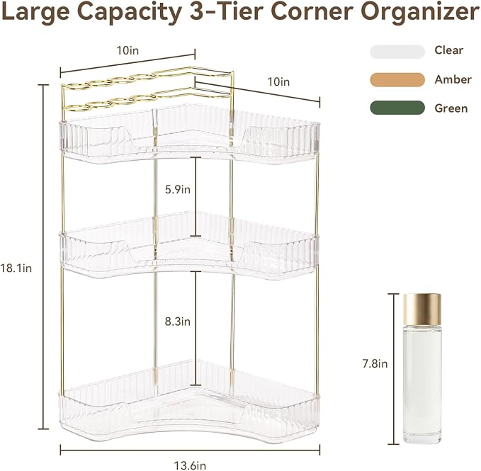 3-Tier Corner Bathroom Counter Organizer with Makeup Brush Holder, Clear - Image 2