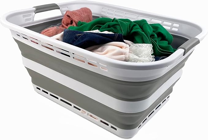 SAMMART 42L (11 Gallons) Collapsible Plastic Laundry Basket - Foldable Pop Up Storage Container/Organizer - Portable Washing Tub - Space Saving Hamper/Basket [BPA Free] (White/Grey) - Image 5