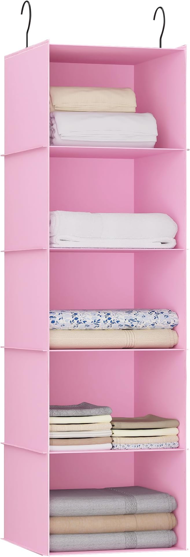 Hanging Closet Organizer 5-Shelf, Oxford Fabric Wardrobe Storage, Pink | Easy-mount foldable design holds clothes, handbags, shoes & accessories; washable Oxford fabric, sturdy and space-saving. by DonYeco
