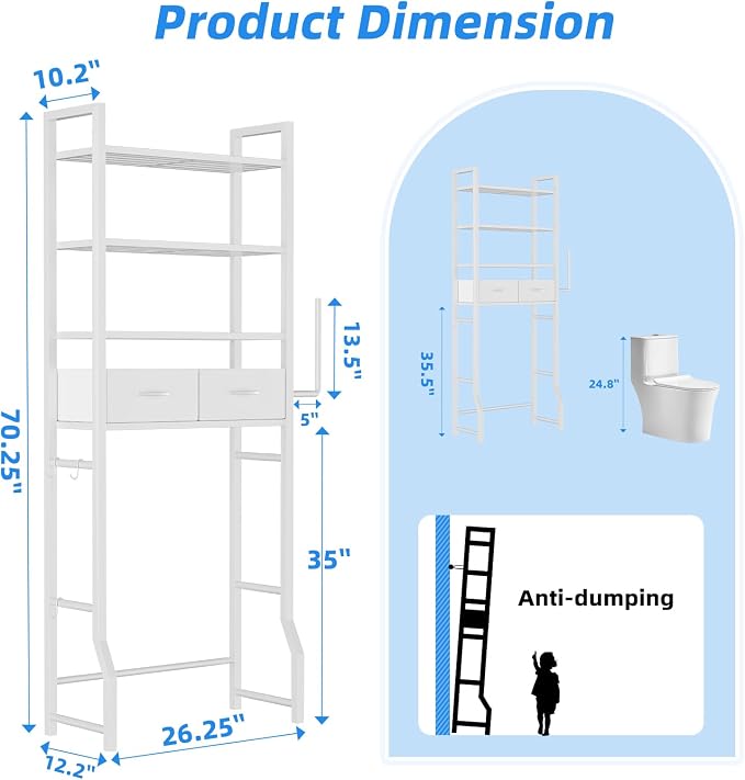 Simple Trending 4 Tier Over The Toilet Storage with Drawers, Heavy Duty Bathroom Stand Organizer Metal Shelves for Laundry, White - Image 8