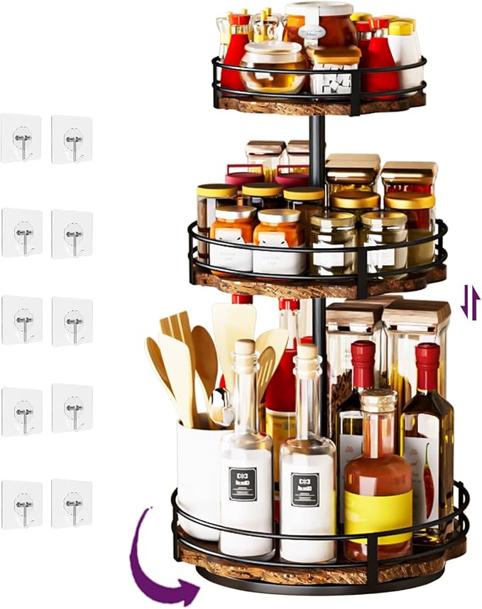 Heavy-Duty 3-Tier Lazy Susan Organizer, Adjustable to Different Heights, Countertop Spice Rack, Upgraded Thickened Wooden Board, Suitable for Seasoning Organizer, Kitchen Organization（2 Pack） by CasaDolce