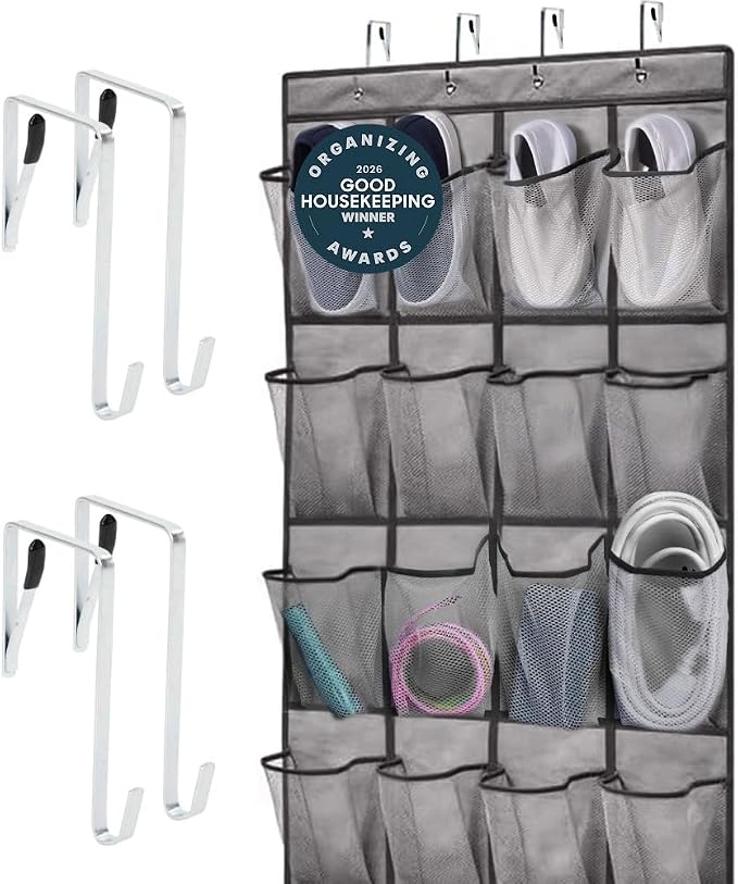 GORILLA GRIP Over the Door Shoe Organizer, 24 Large Pockets, Gray | Breathable Mesh Pocket, Space Saving Hanging Storage Holder, Closet Rack Hanger for Shoes, Pantry and Bathroom Accessories by Unknown
