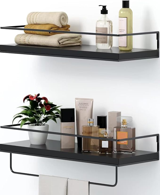 Shario Black Floating Shelves - Set of 2, Wall Mounted Hanging Shelves with Black Towel Rack, Decorative Storage Shelves for Bathroom, Kitchen, Living Room & Bedroom by Shario