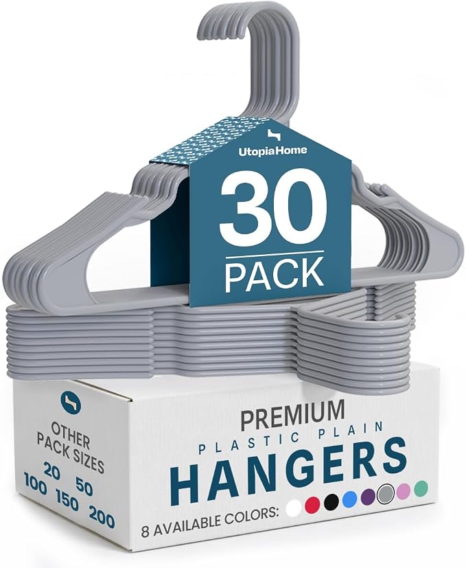 Utopia Home Plastic Hangers 30 Pack – Space Saving Clothes Hanger Grey | Durable & strong | Closet organizer & storage | Ideal for apartments, dorms & stocking stuffers by UTOPIAHOME