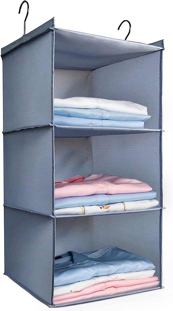 Hanging Closet Organizer 3-Shelf, Oxford Fabric Wardrobe Storage, Gray | Easy-mount foldable design holds clothes, handbags, shoes & accessories; washable Oxford fabric, sturdy and space-saving. by DonYeco