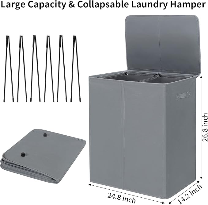WOWLIVE 154L Double Laundry Hamper 2 Section with Lid and Removable Bags - Image 5