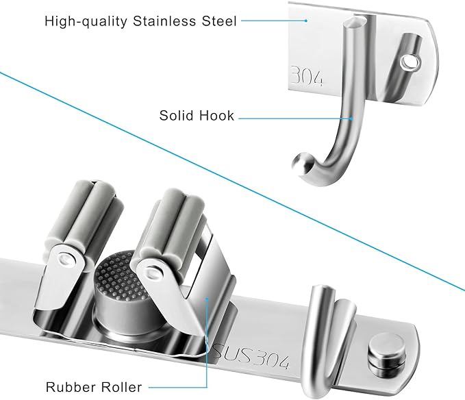 Broom and Mop Holder Wall Mounted, Broom Hanger Storage Rack, Stainless Steel Mop Hanger, Dustpan Holders with 2 Racks and 3 Hooks, Heavy Duty utility hooks for hanging brooms and mops - Image 2