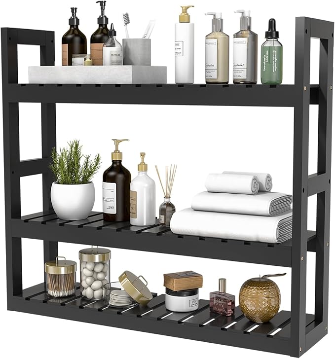 Domax Bamboo Bathroom Shelf 3-Tier Wall Mount Storage Rack Multifunctional Adjustable Layer Free Standing Over Toilet Utility Shelves Living Room Kitchen (Black) by Domax