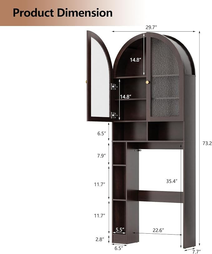 Over The Toilet Storage Cabinet, 29.7”W Modern Storage Cabinet Over Toilet with Acrylic Doors, Arched Freestanding Over Toilet Rack with Adjustable Shelf for Bathroom, Espresso - Image 2