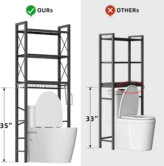 Kalrin Over The Toilet Storage with X Shape Side Guardrail, 3-Tier Over Toilet Storage Rack with Drain Basket, Freestanding Bathroom Organizer for Balcony Laundry, Pure Black - Image 5