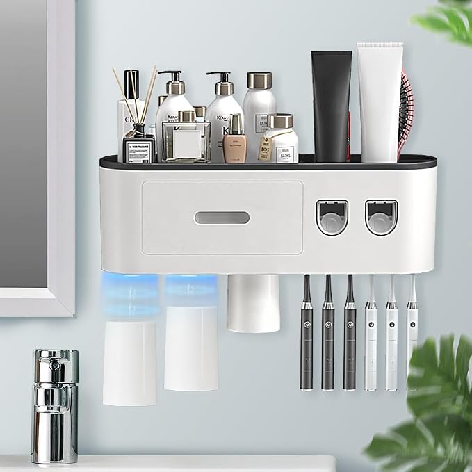 Toothbrush Holders Wall Mounted, Toothbrush Holder with Automatic Toothpaste Dispensers, 6 Brush Slots, 3 Magnetic Cups,1 Cosmetic Drawer Organizer and 1 Large Storage Tray by BHeadCat