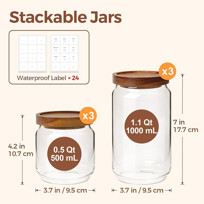 ComSaf Glass Pantry Storage Container with Acacia Wood Lids 1.1/0.5Qt 6Pack - Image 2