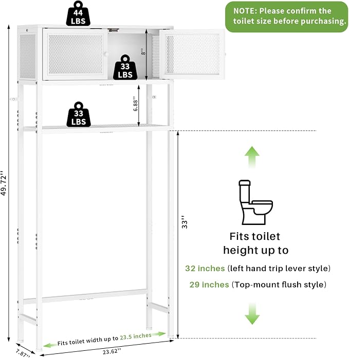 ThreeHio Over the Toilet Storage Cabinet with Doors, Bathroom Organizer Shelf Above Toilet, Bathroom Storage Cabinet Over Toilet, Freestanding Space Saver Metal Shelves for Small Space, White - Image 2