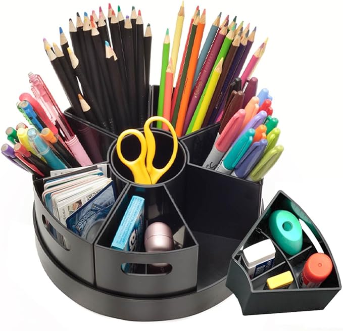 Black Rotating Desk Organizer with Dividers Lazy Susan Caddies for Home School Office Supplies, Pens, Markers and Art Supplies for Classroom by PUZZLEEZ