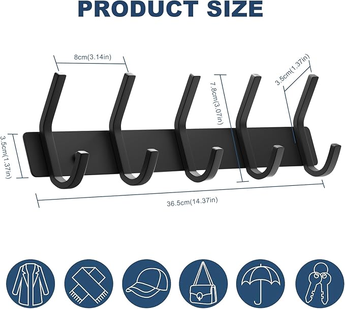 VAEHOLD Wall Hooks, Heavy Duty Aluminum Towel Hooks for Hanging Coat, Hat, Key, Clothes, Closet Hook Wall Mount for Kitchen, Bathroom, Office (“C“ Shape Coat 5 Hooks 2 Pack) - Image 6