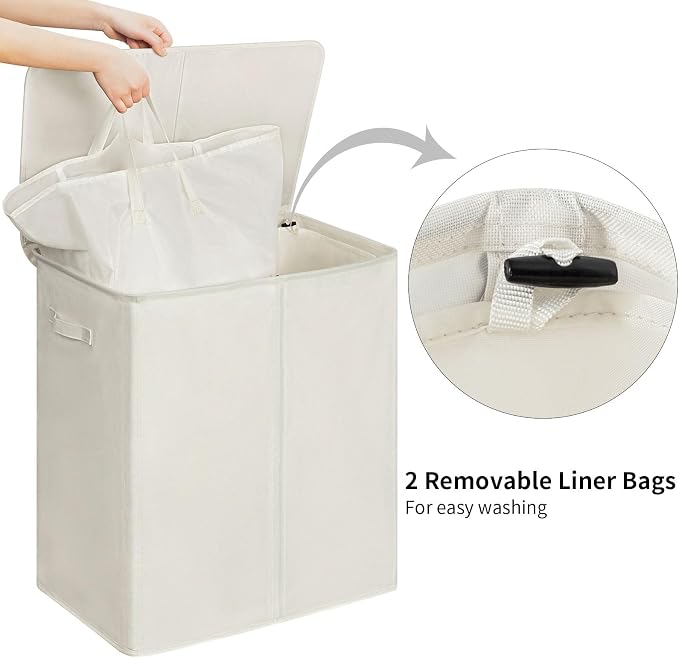 WOWLIVE 140L Double Laundry Hamper 2 Section with Lid and Removable Bags - Image 5
