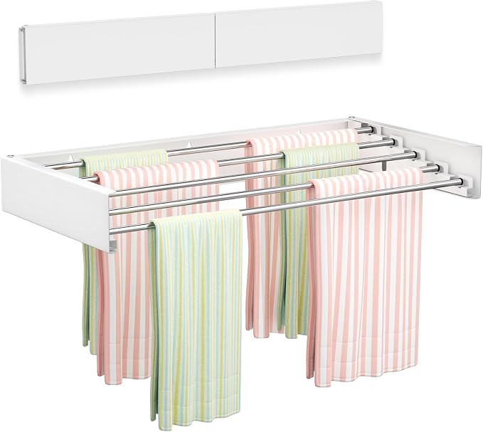 Vikaqi Wall Mounted Clothes Drying Rack 23.6", Foldable Wall Mount Laundry Rack Folding Indoor, Drying Rack Clothing Collapsible, Hidden Space Saver with Wall Template, 5 Rods, White by DiscovertheEleganceofAir-drying