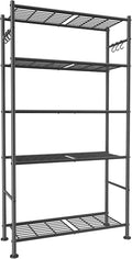 Sakugi Storage Shelves - 5-Tier Large Capacity Shelf Organizer with Hooks, Heavy-Duty Garage Shelving with Leveling Feet, Wobble-Free Rack for Bedroom, Balcony, Garage, 32.1"×12.4"×71.4", Black by Sakugi