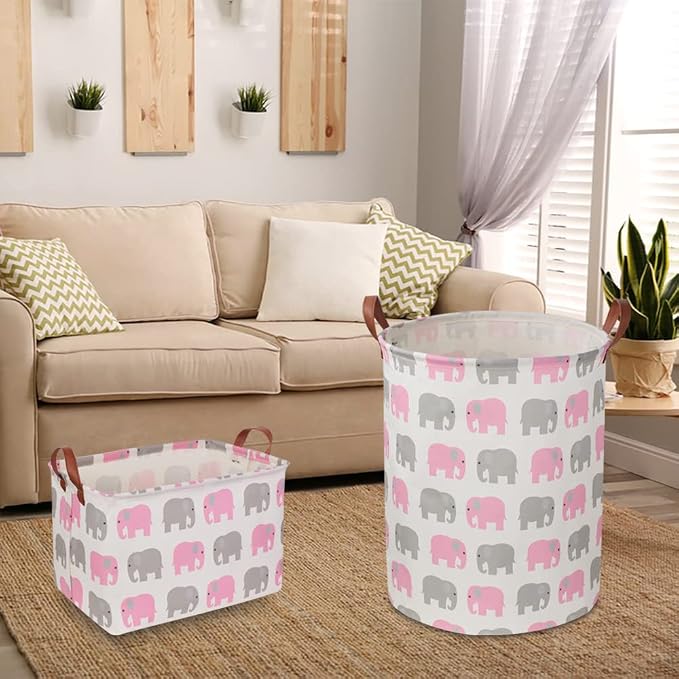 NTAOHAMPER Laundry Basket,Waterproof Hamper,Clothes Hampers for Nursery,Gift Basket,Room Decor,Collapsible Storage Basket (Pink Elephant) - Image 3