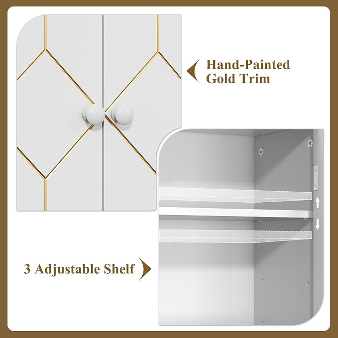 HLR Over The Toilet Storage Cabinet with Gold Trim, Over Toilet Bathroom Organizer with Adjustable Shelves and Toilet Paper Holder, Above Toilet Storage Cabinet Spacesaver for Bathroom(White) - Image 4